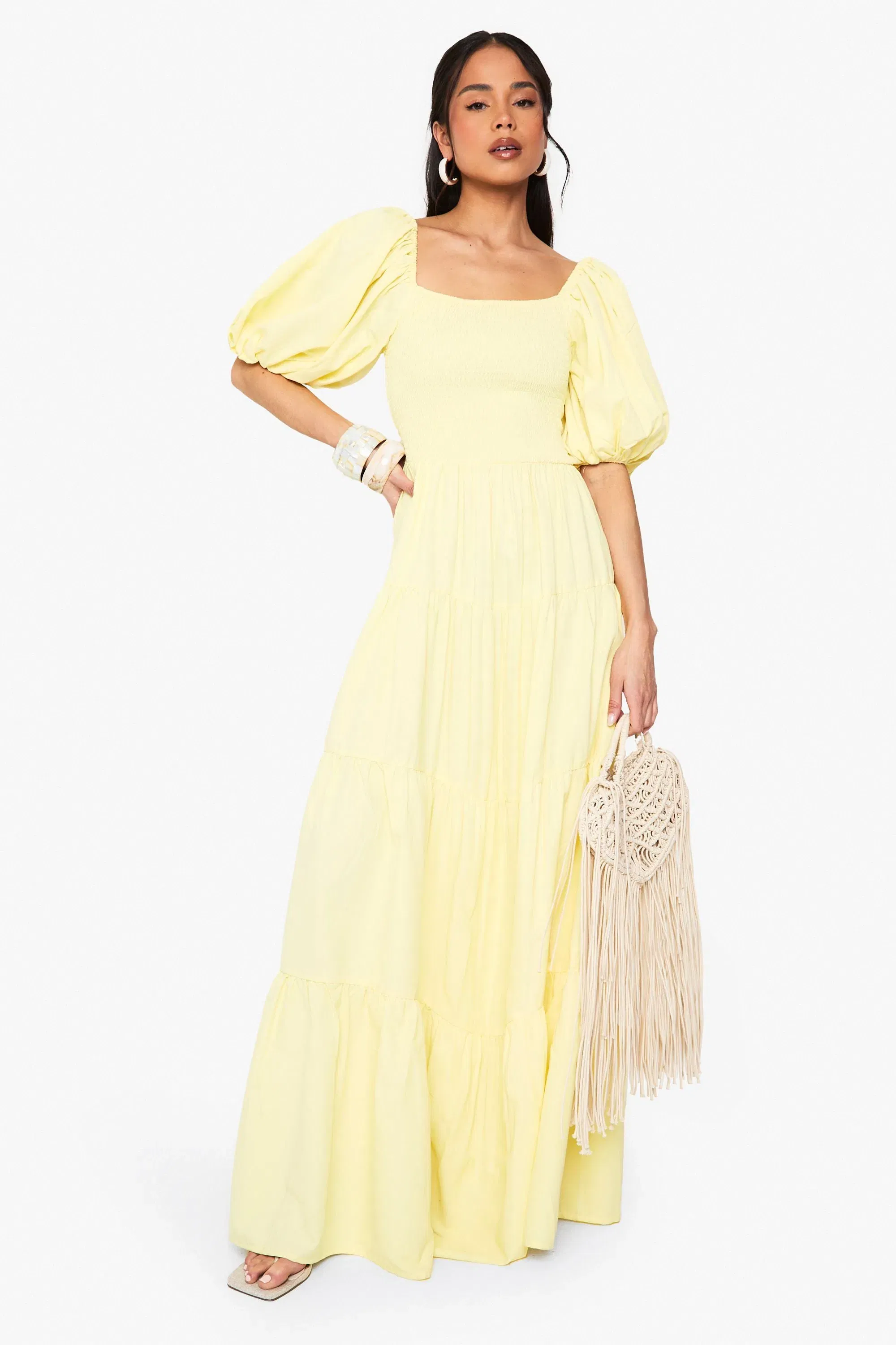 Extreme Puff Sleeve Shirred Maxi Smock Dress