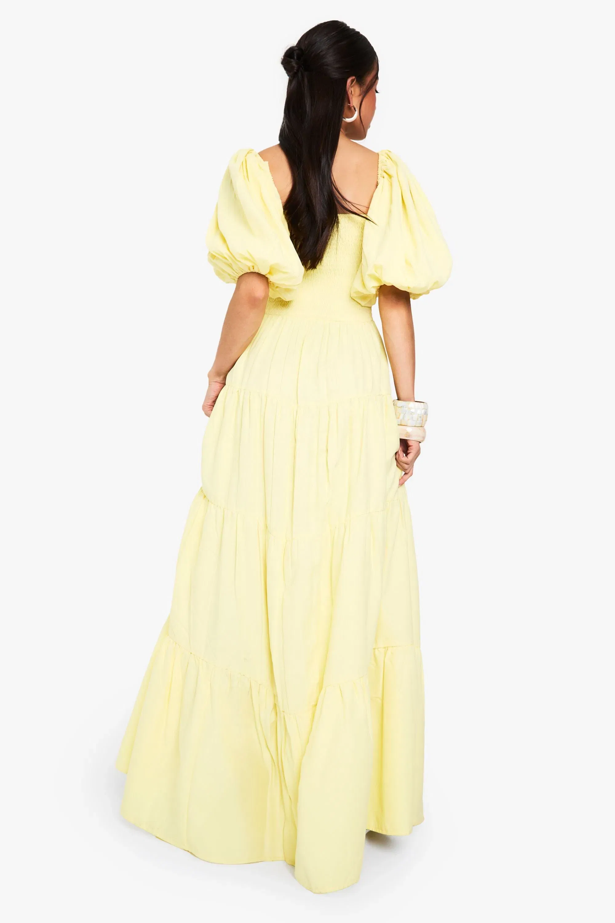 Extreme Puff Sleeve Shirred Maxi Smock Dress
