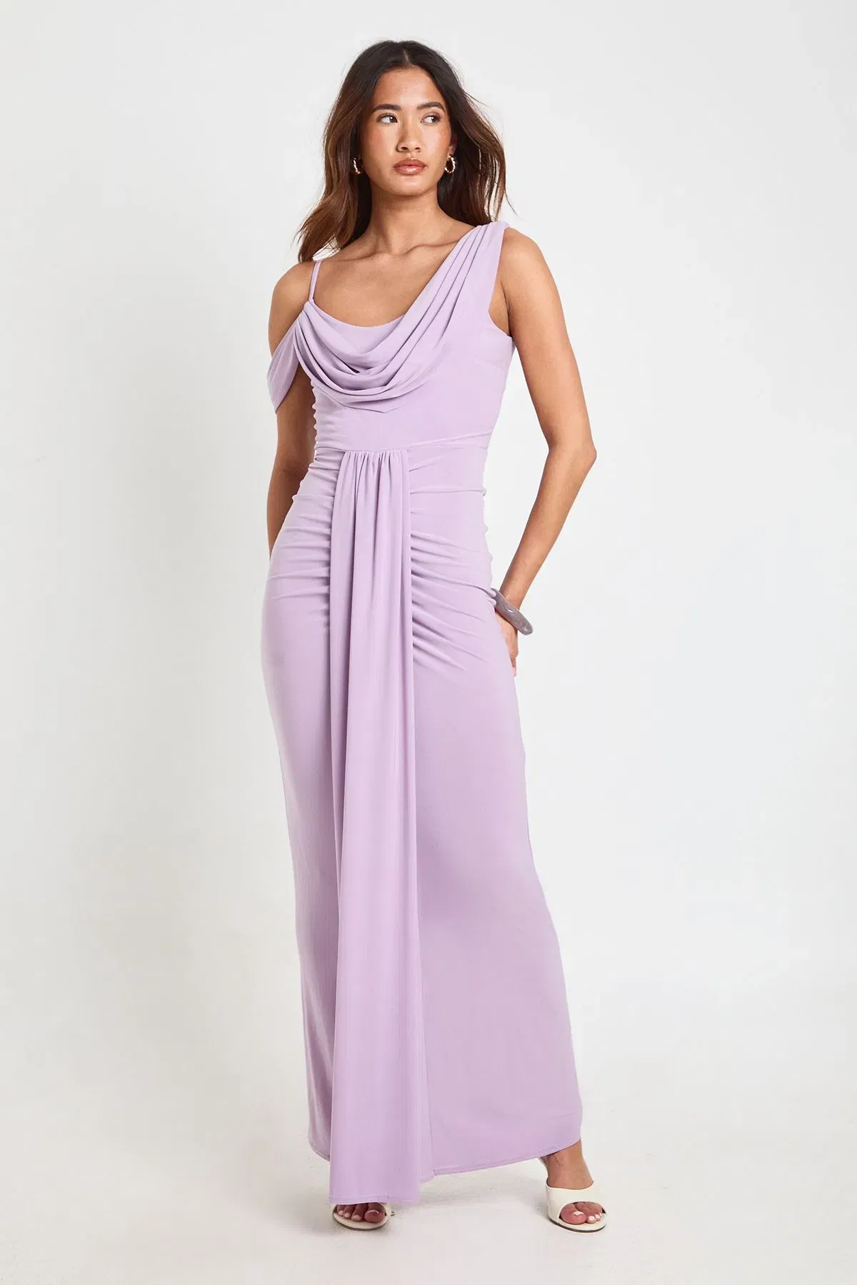 Double Layer Slinky Drape Front Cold Shoulder Maxi Dress