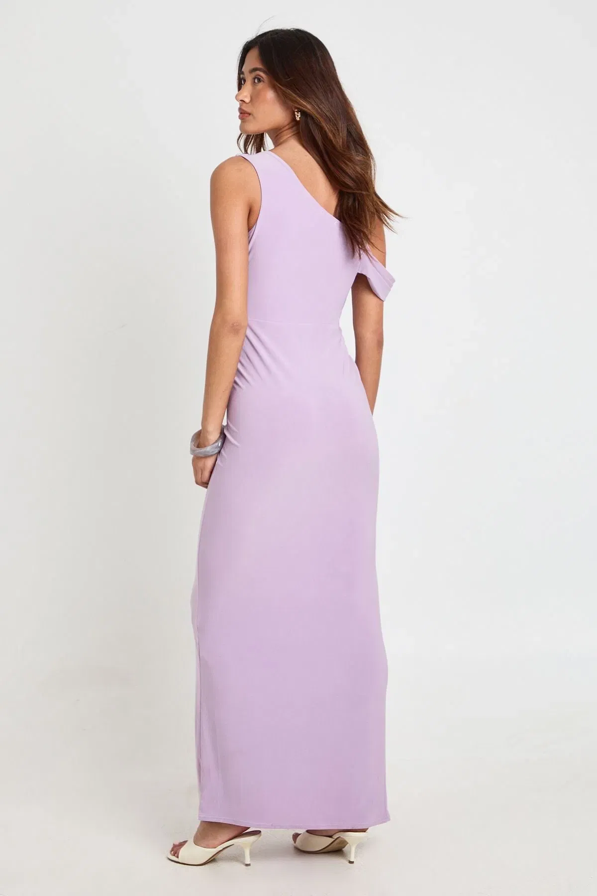 Double Layer Slinky Drape Front Cold Shoulder Maxi Dress