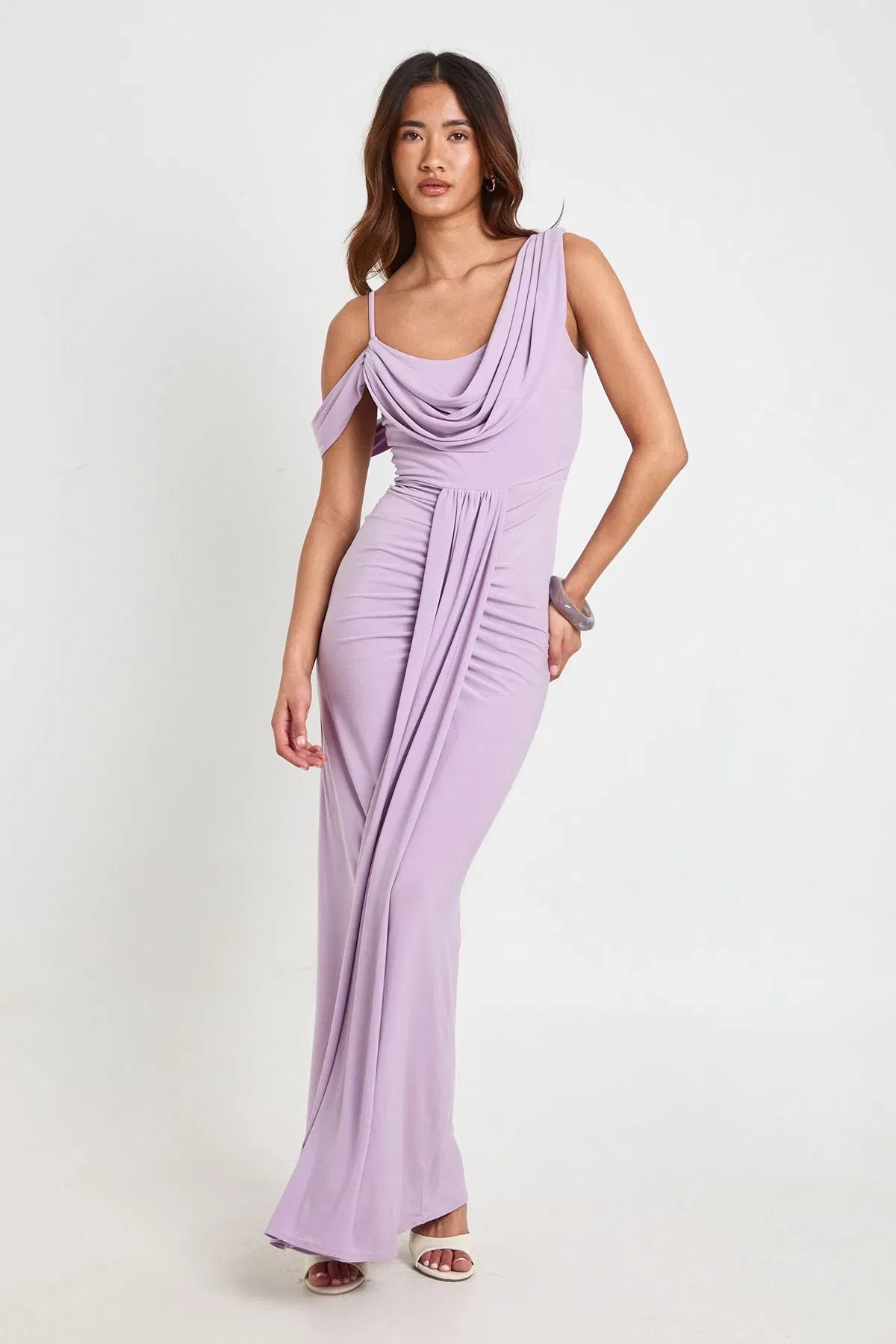 Double Layer Slinky Drape Front Cold Shoulder Maxi Dress