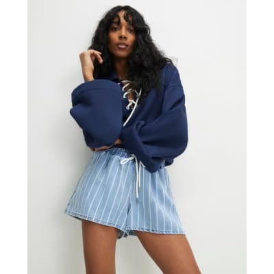 Blue Stripe Drawstring Denim Shorts