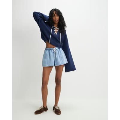 Blue Stripe Drawstring Denim Shorts