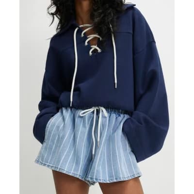 Blue Stripe Drawstring Denim Shorts