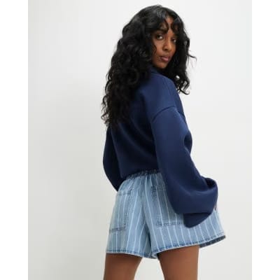 Blue Stripe Drawstring Denim Shorts