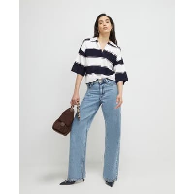 Navy Striped Knitted Polo Shirt