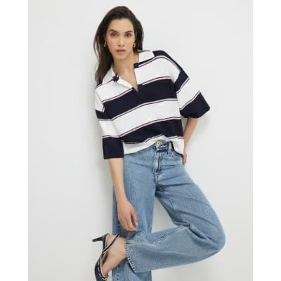 Navy Striped Knitted Polo Shirt