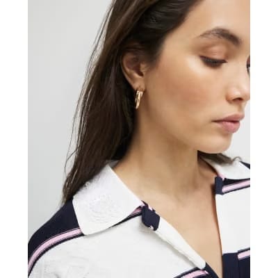 Navy Striped Knitted Polo Shirt