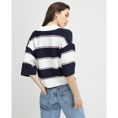 Navy Striped Knitted Polo Shirt