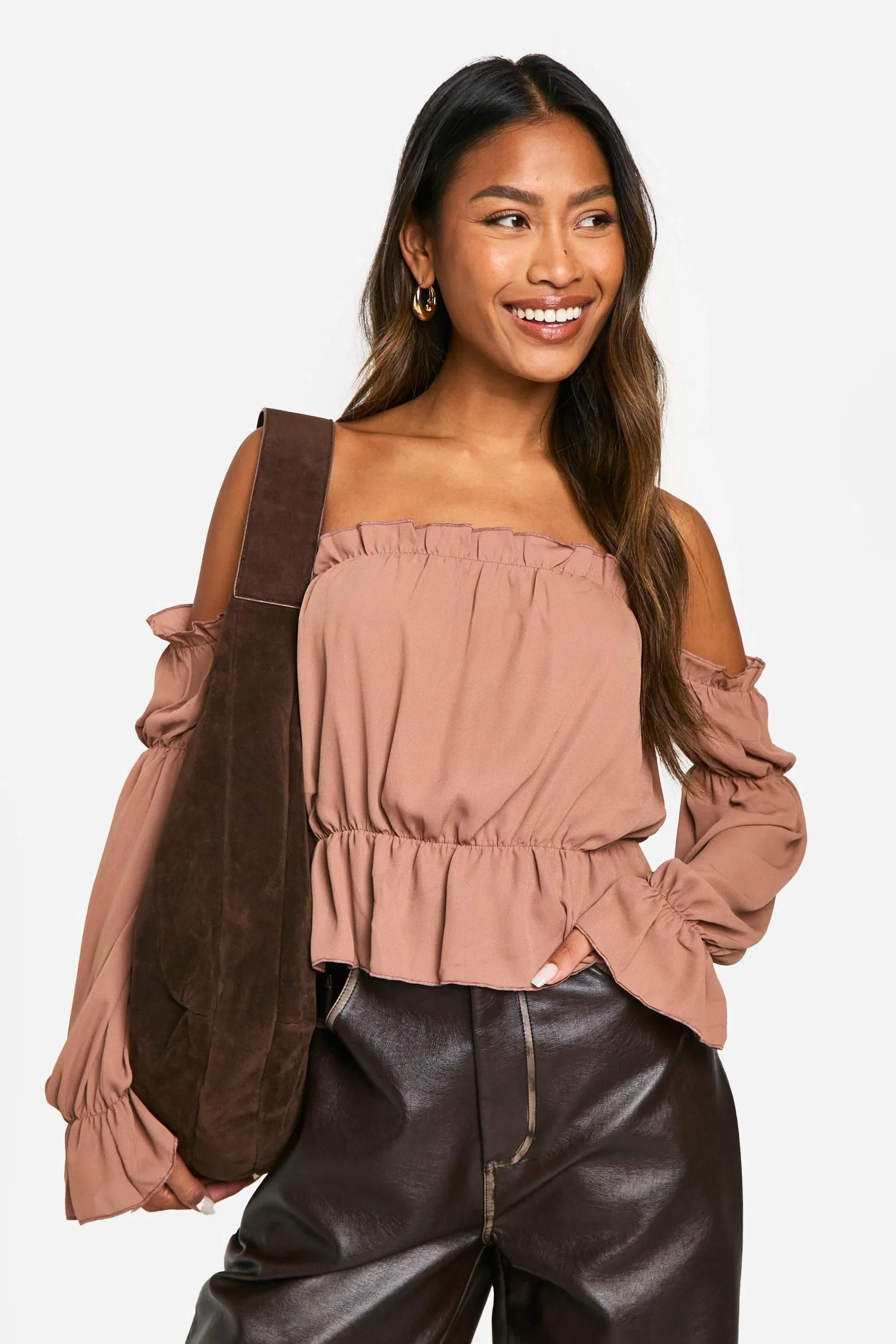 Woven Volume Sleeve Ruched Bardot Top