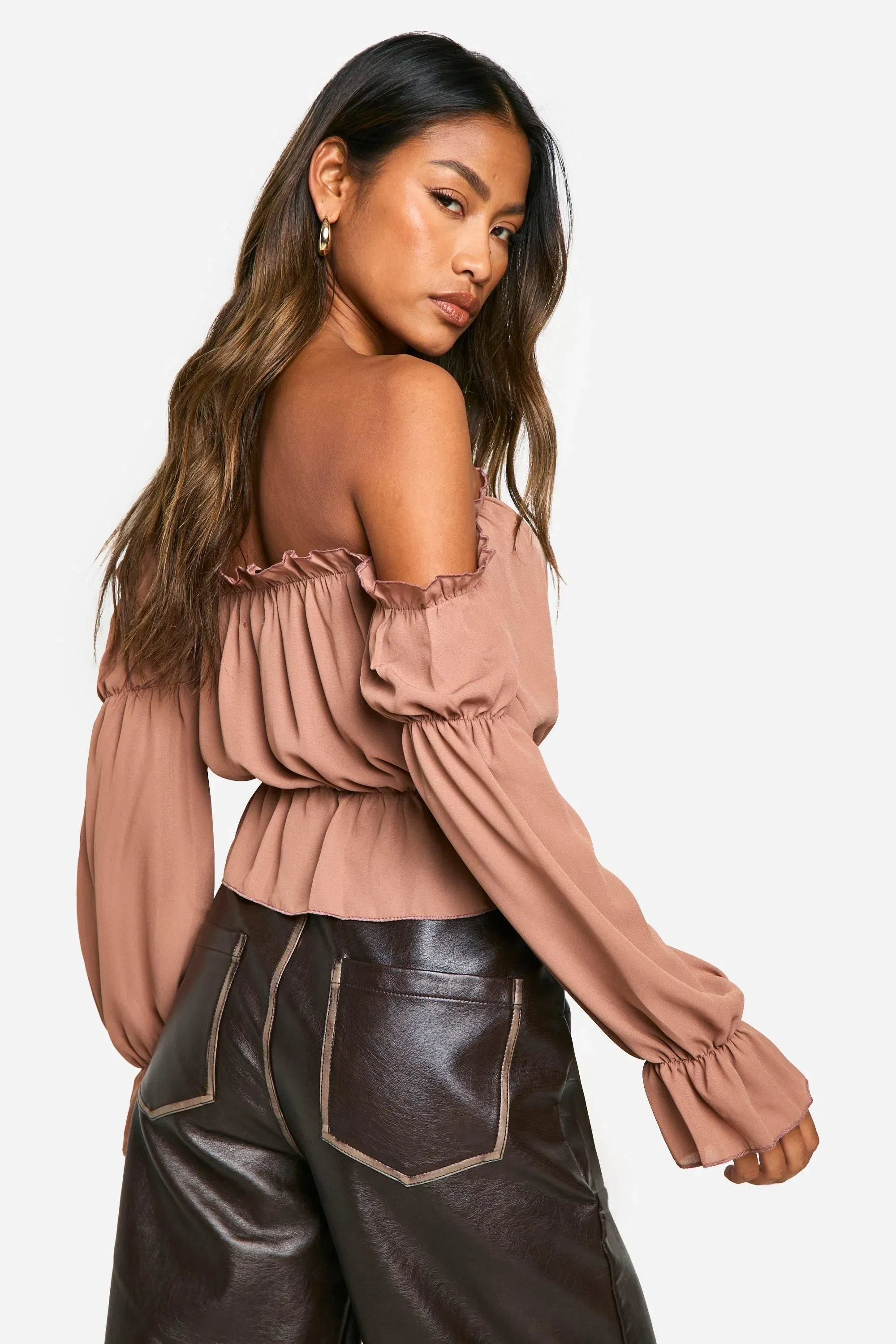 Woven Volume Sleeve Ruched Bardot Top