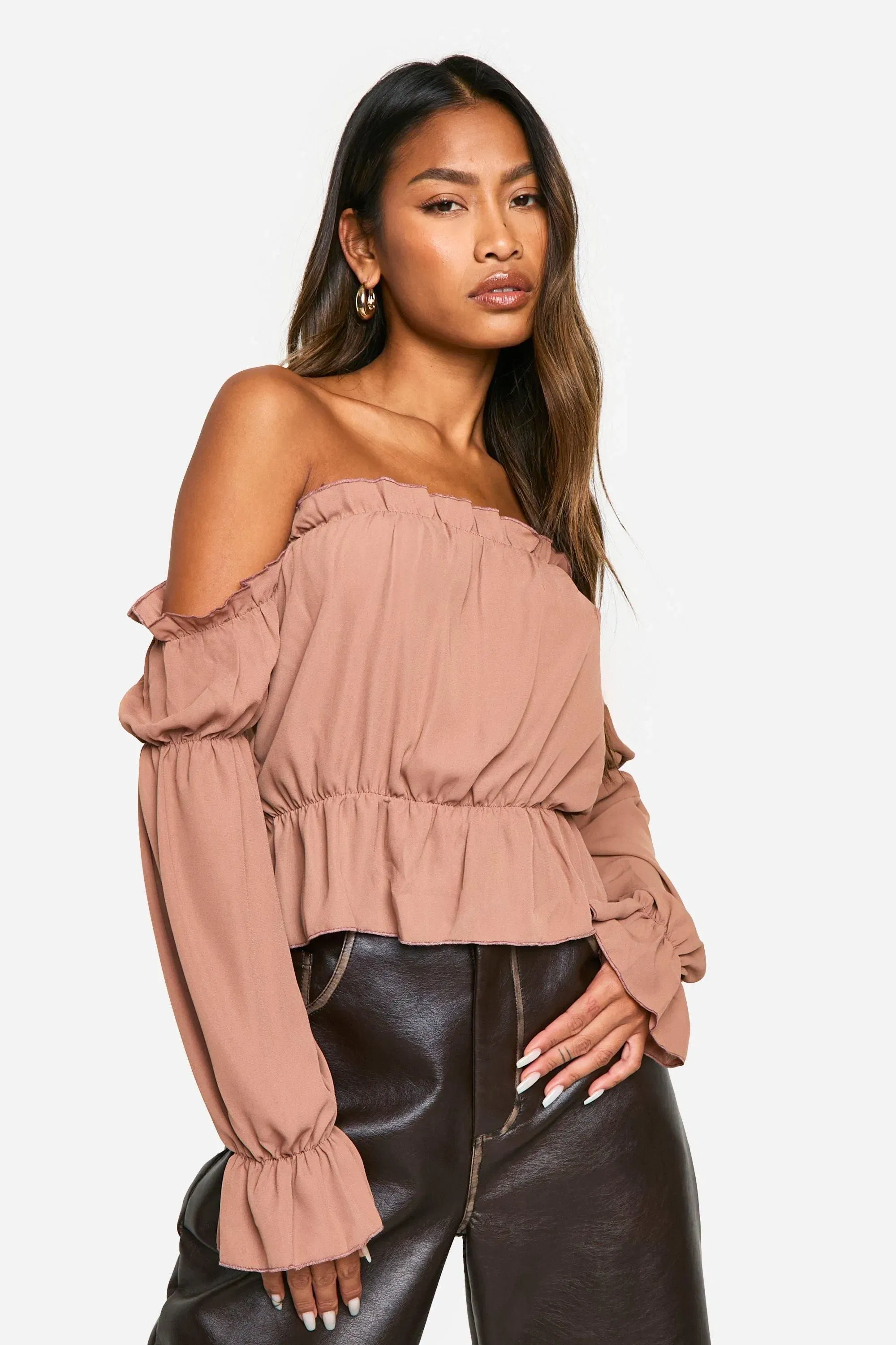 Woven Volume Sleeve Ruched Bardot Top
