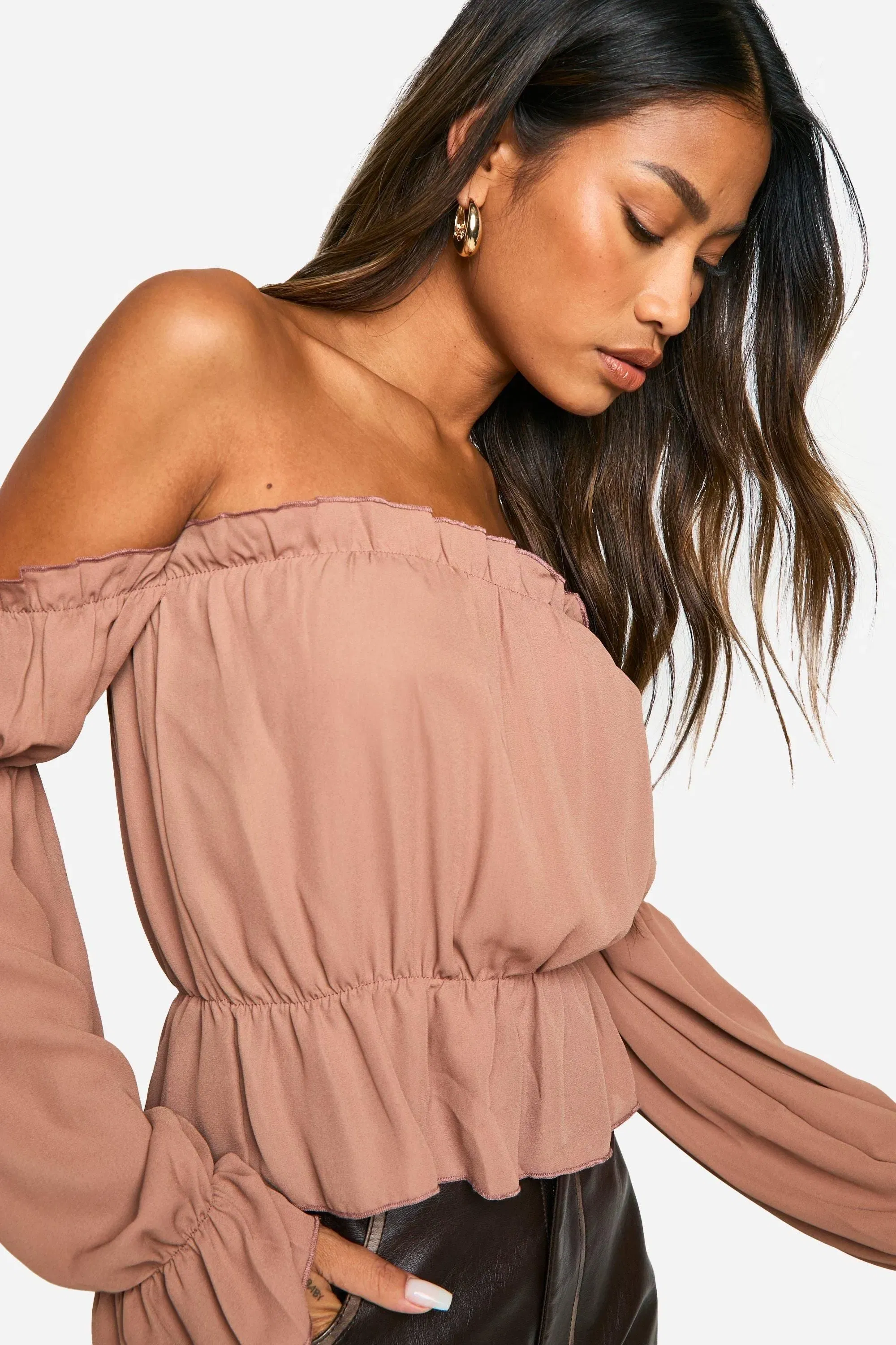 Woven Volume Sleeve Ruched Bardot Top