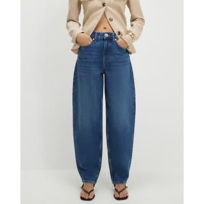 Blue Mid Rise Barrel Leg Jeans