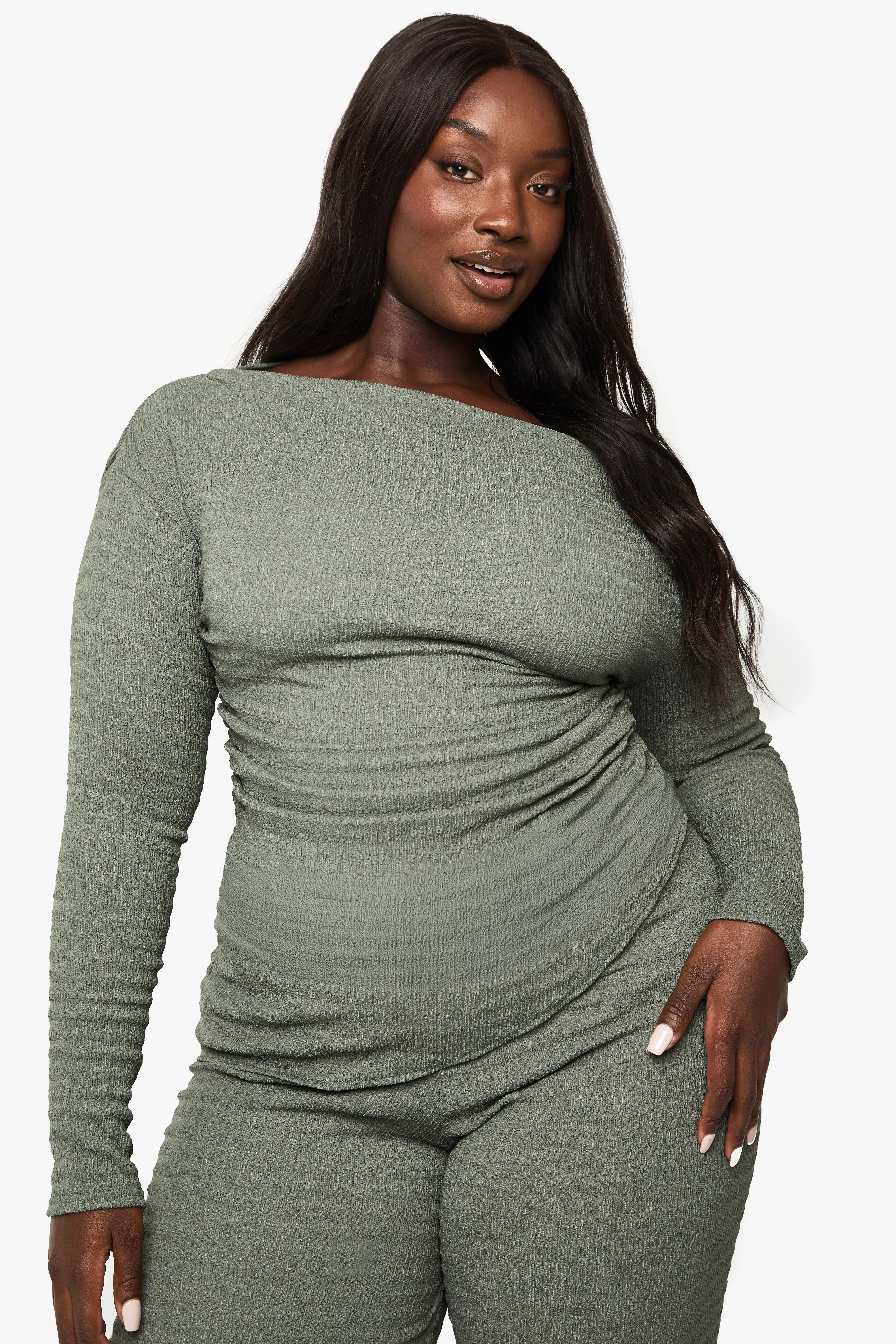 Plus Long Sleeve Asymmetric Crinkle Top
