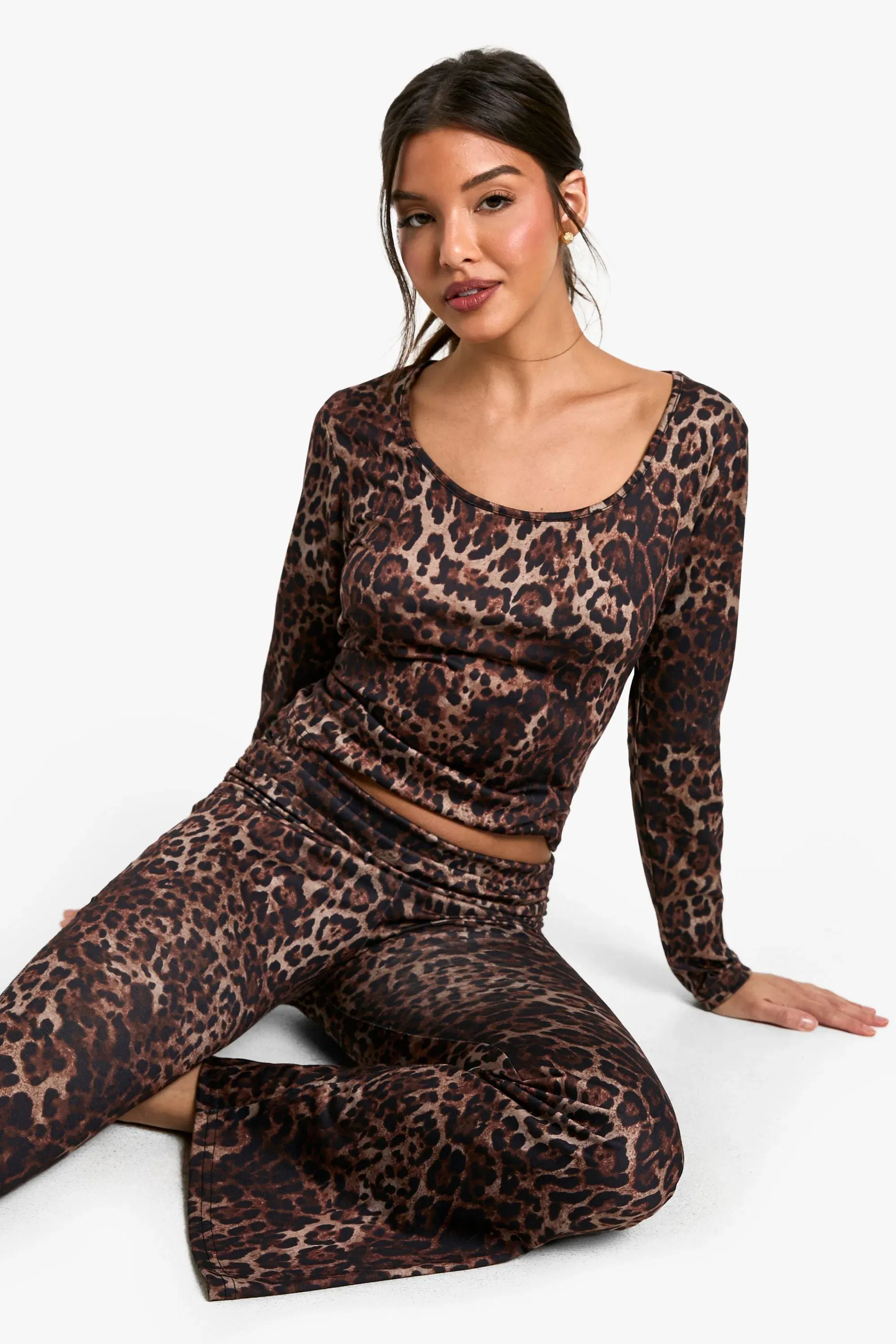 Loungewear Leopard Print Scoop Neck Long Sleeve Top