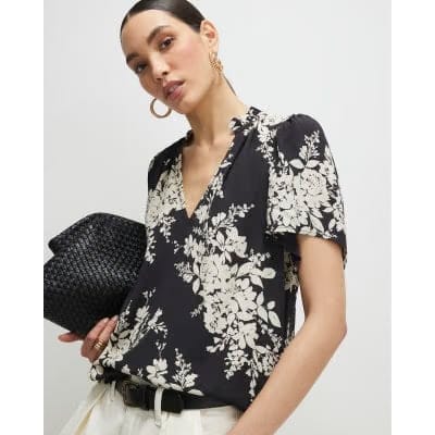Black Floral Short Sleeve Top