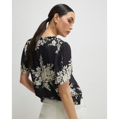 Black Floral Short Sleeve Top