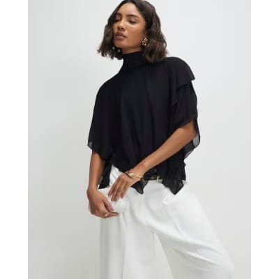 Black High Neck Ruffle Cape