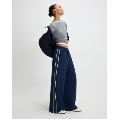 Navy Side Stripe Drawstring Wide Leg Joggers