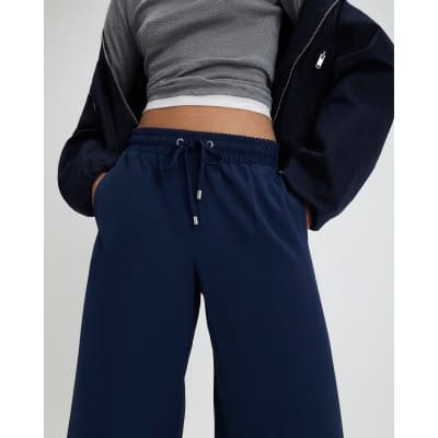 Navy Side Stripe Drawstring Wide Leg Joggers