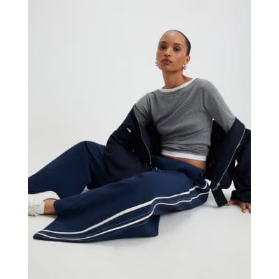 Navy Side Stripe Drawstring Wide Leg Joggers