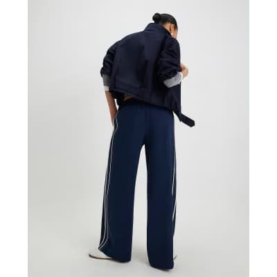 Navy Side Stripe Drawstring Wide Leg Joggers