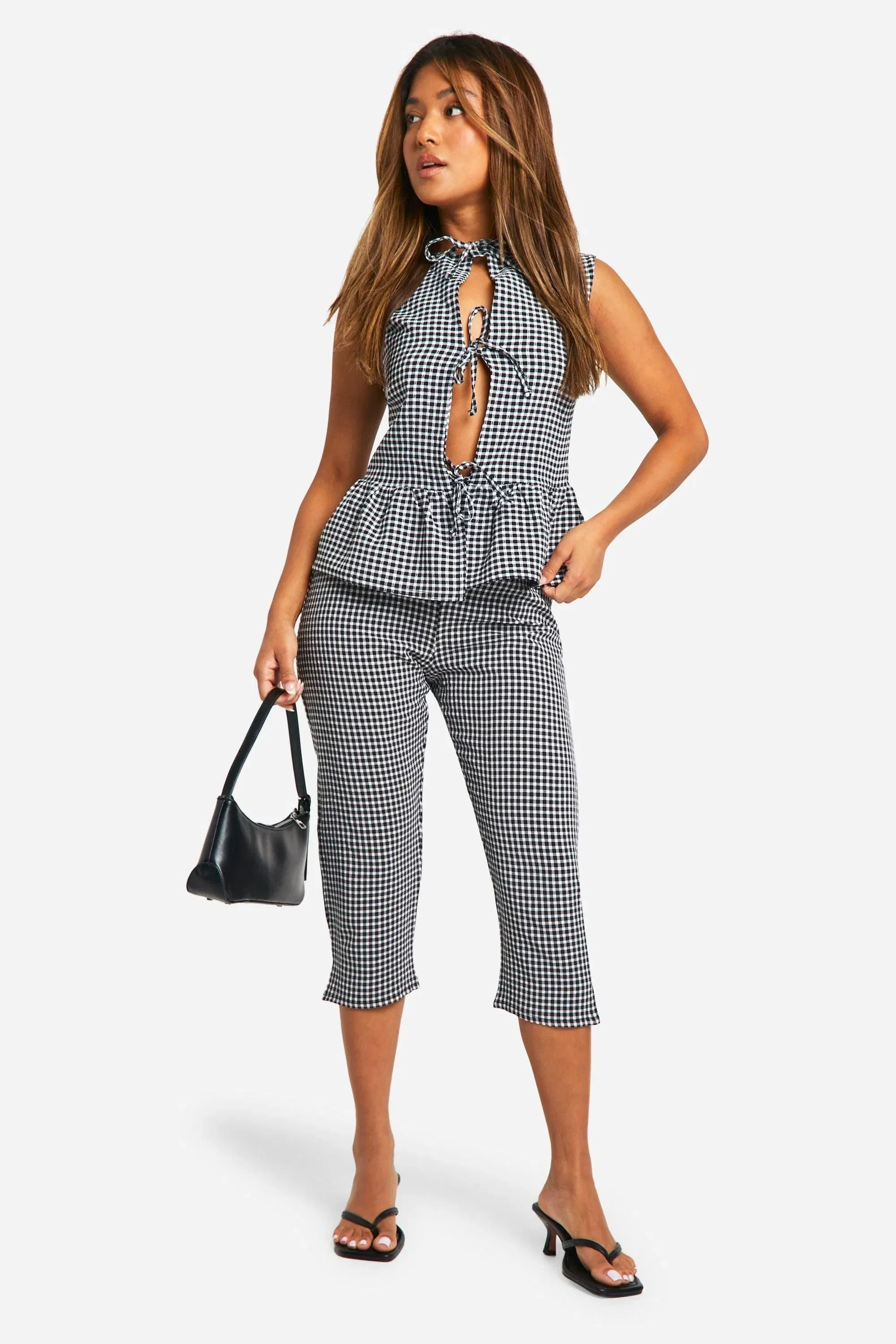Petite Seersucker Gingham Tie Front Peplum Top
