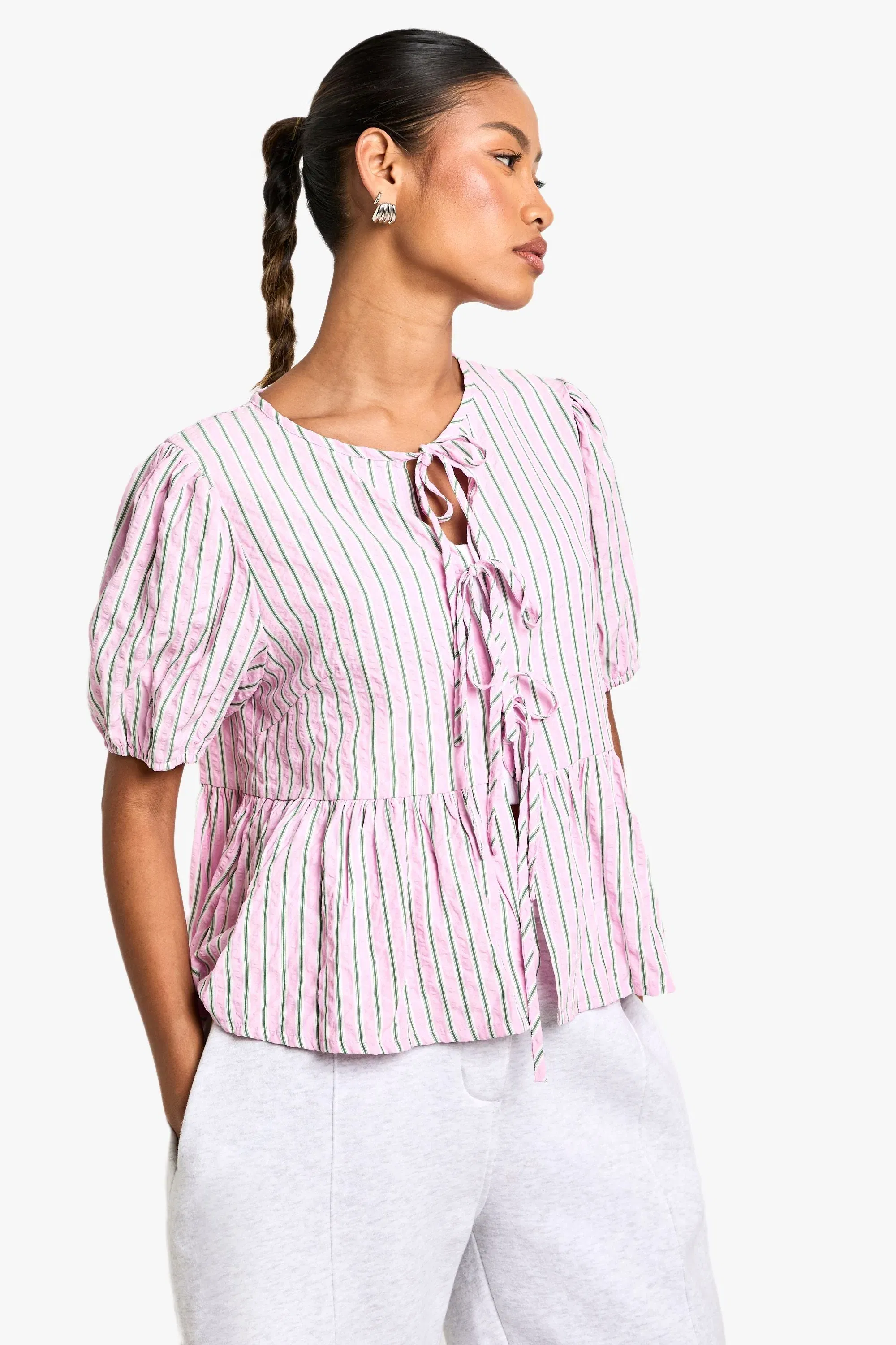 Pink And Green Stripe Tie Front Puff Sleeve Smock Top