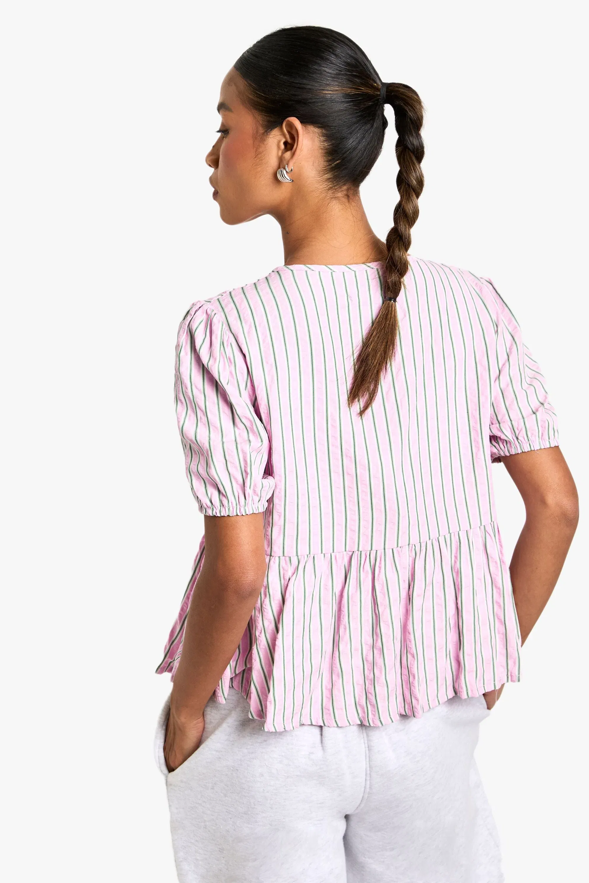 Pink And Green Stripe Tie Front Puff Sleeve Smock Top