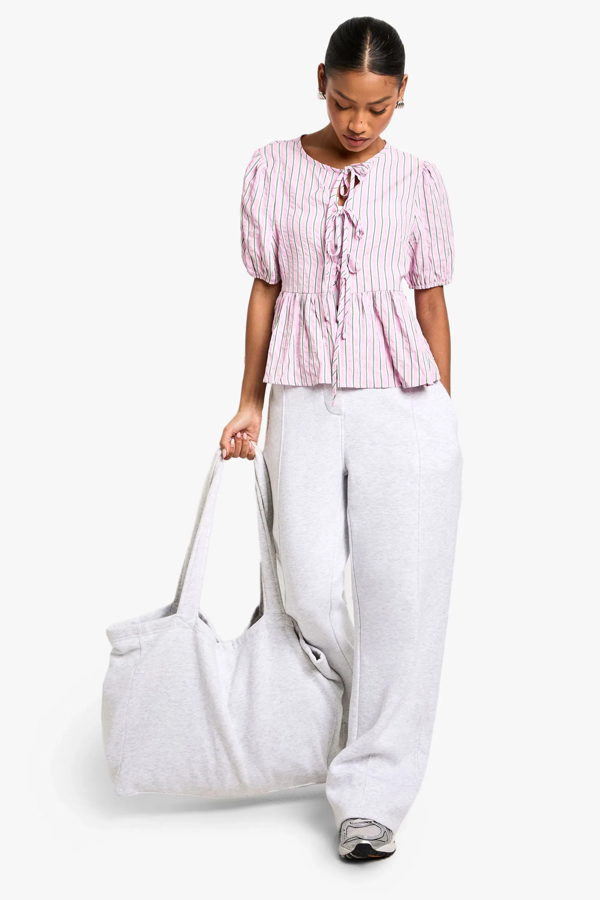 Pink And Green Stripe Tie Front Puff Sleeve Smock Top