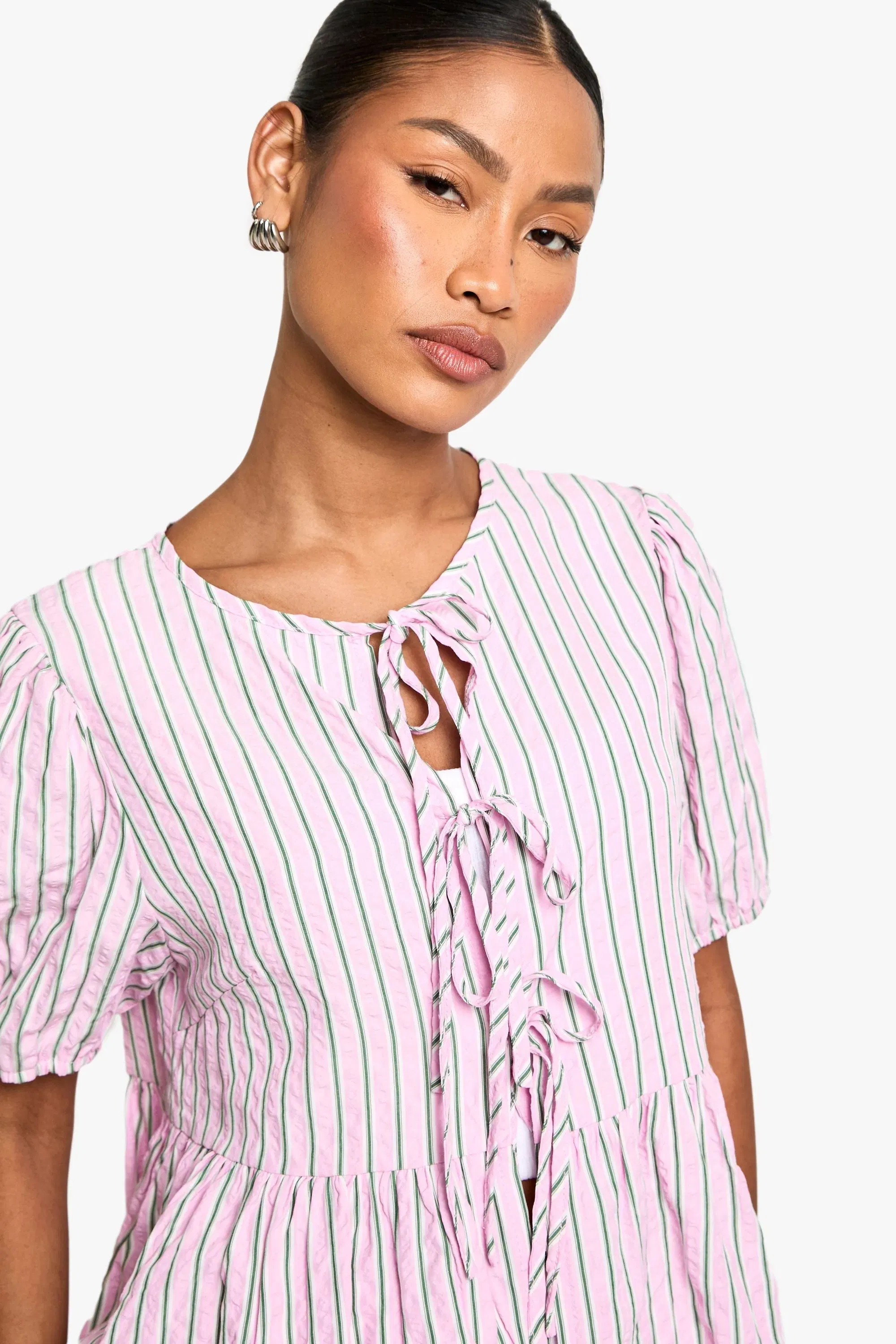 Pink And Green Stripe Tie Front Puff Sleeve Smock Top