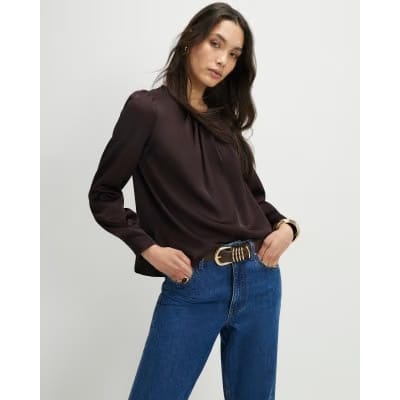 Brown Satin Long Sleeve Pleat Front Blouse