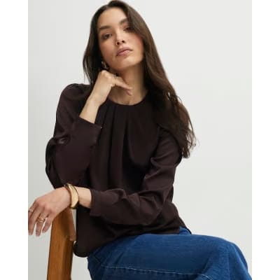 Brown Satin Long Sleeve Pleat Front Blouse