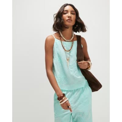 Blue Floral 3D Embroidered Tank Top
