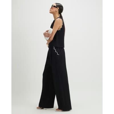 Black Scallop Trim Wide Leg Trousers