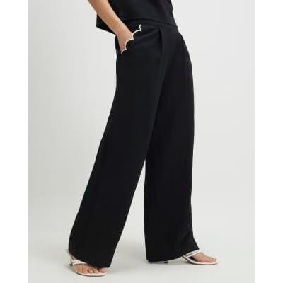 Black Scallop Trim Wide Leg Trousers