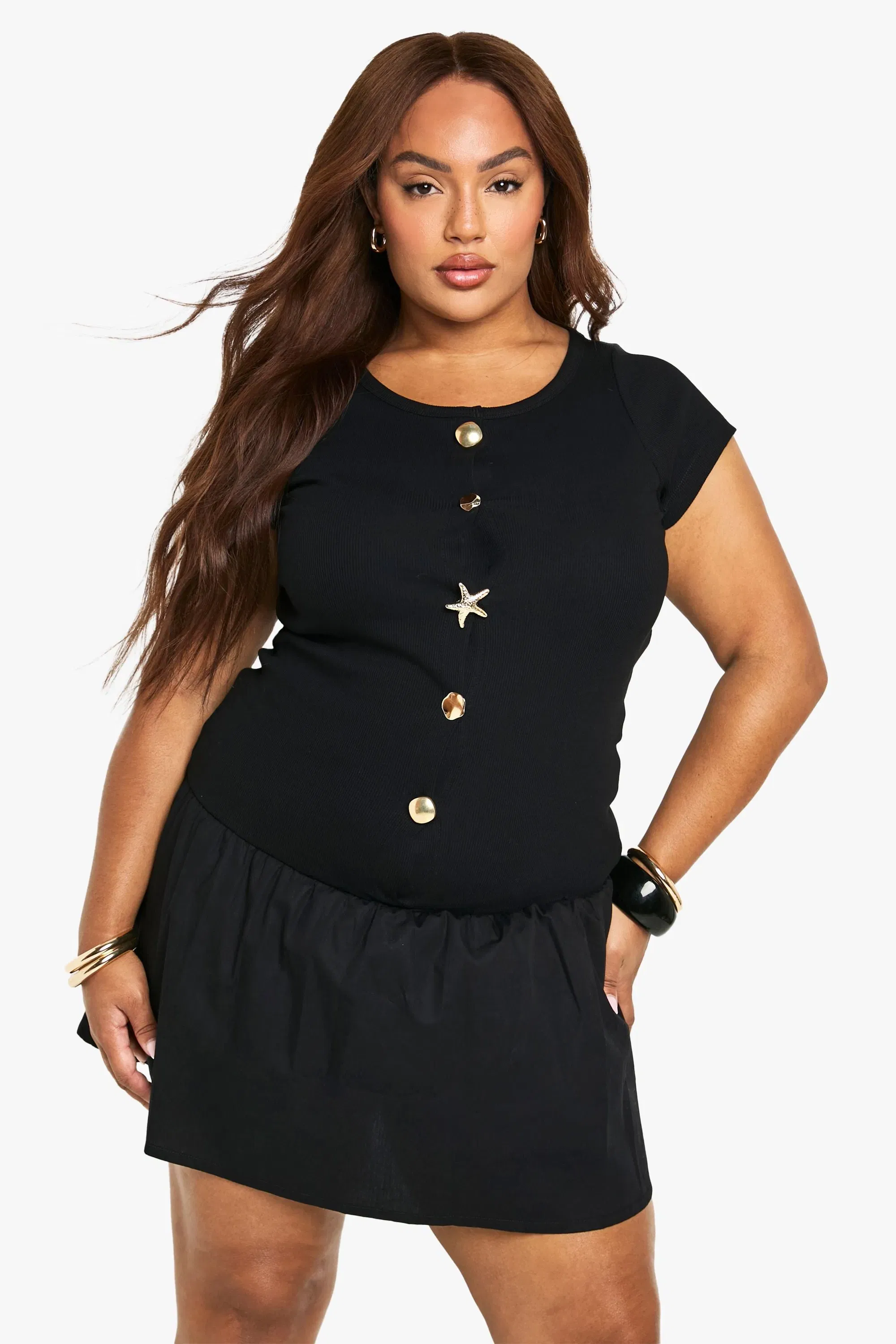 Plus Gold Trim Rib Poplin Mix Mini Dress