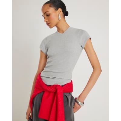 Grey Short Sleeve High V Neck Ribbed Top
