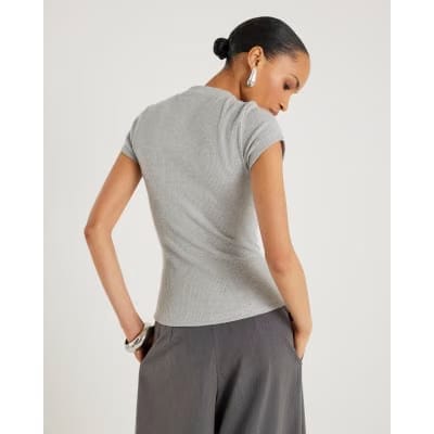 Grey Short Sleeve High V Neck Ribbed Top