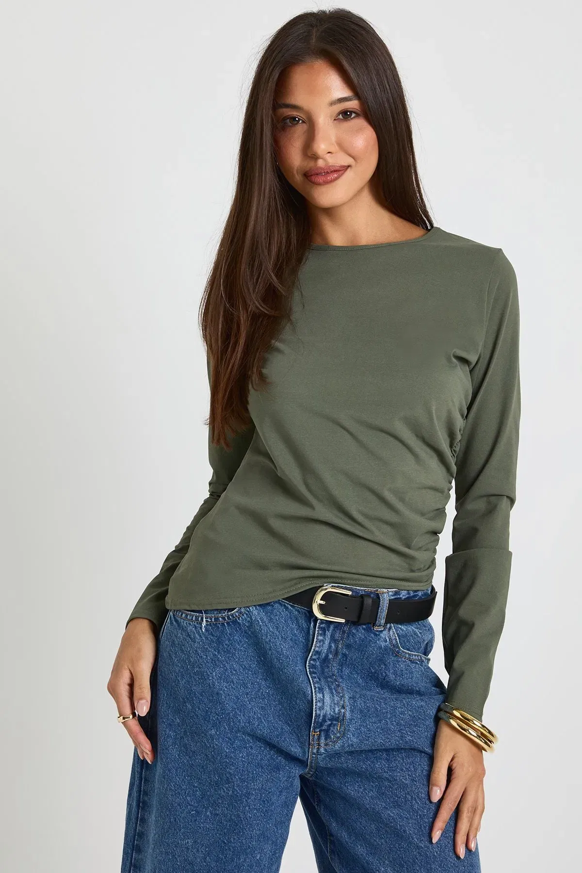 Boat Neck Ruched Asym Hem Top
