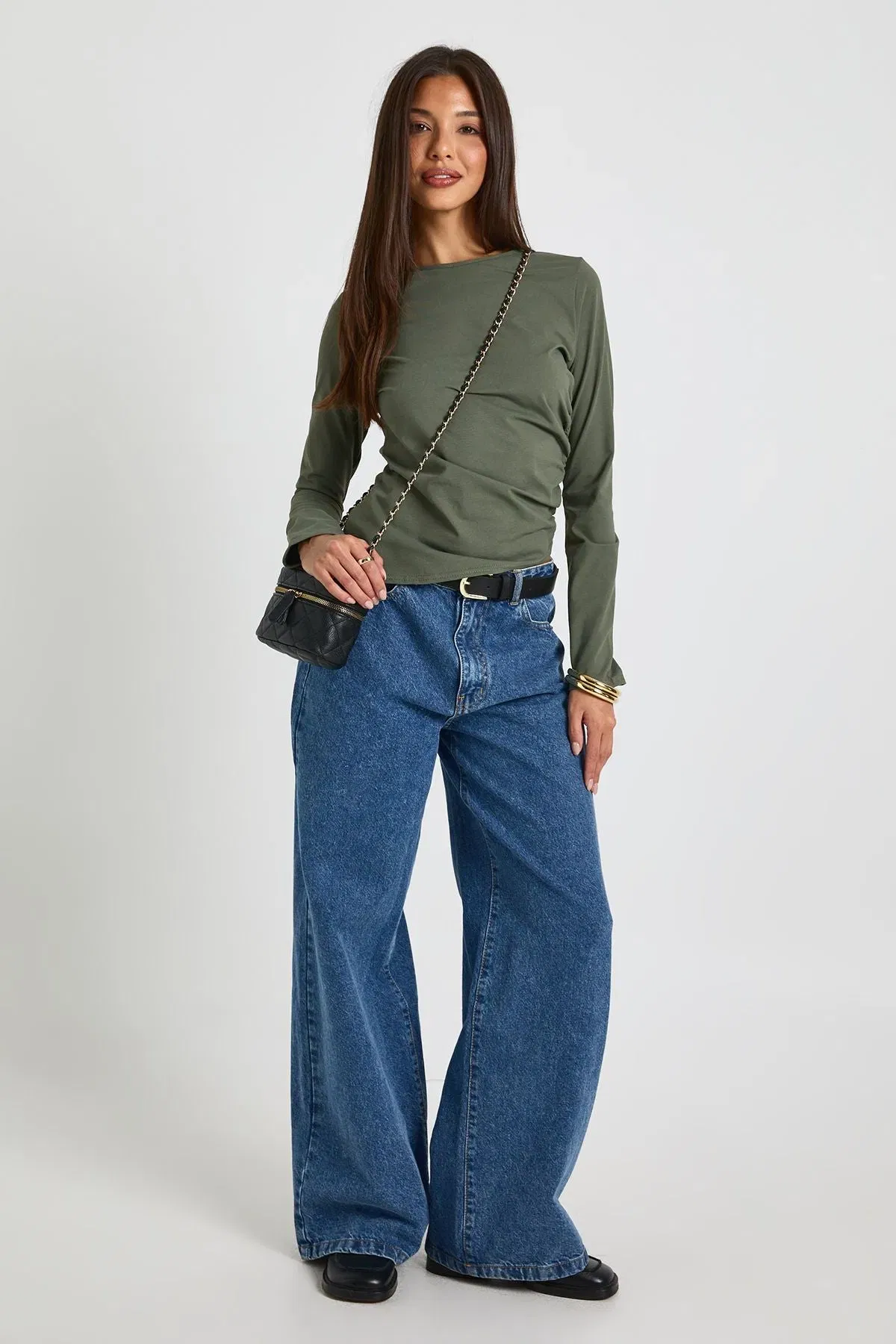 Boat Neck Ruched Asym Hem Top