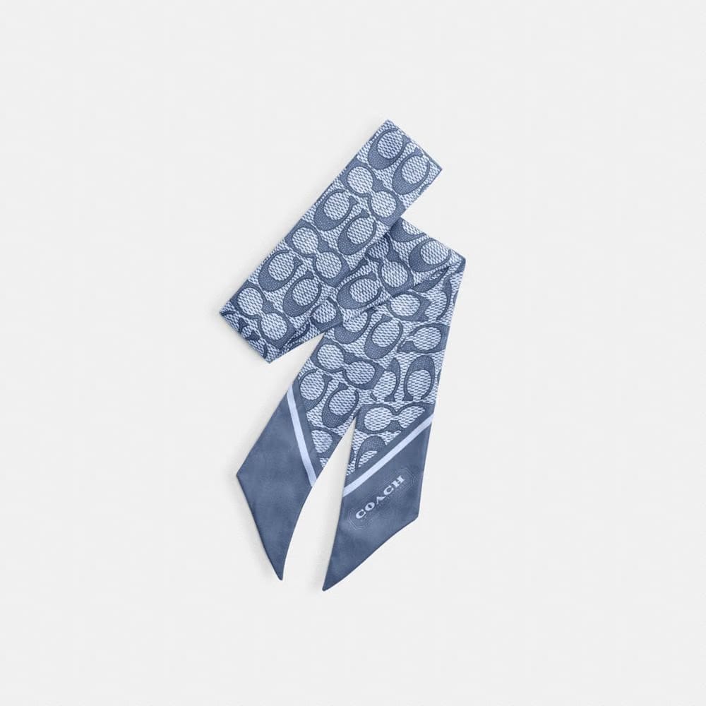 Coach Textured Signature Print Silk Skinny Scarf Light Denim