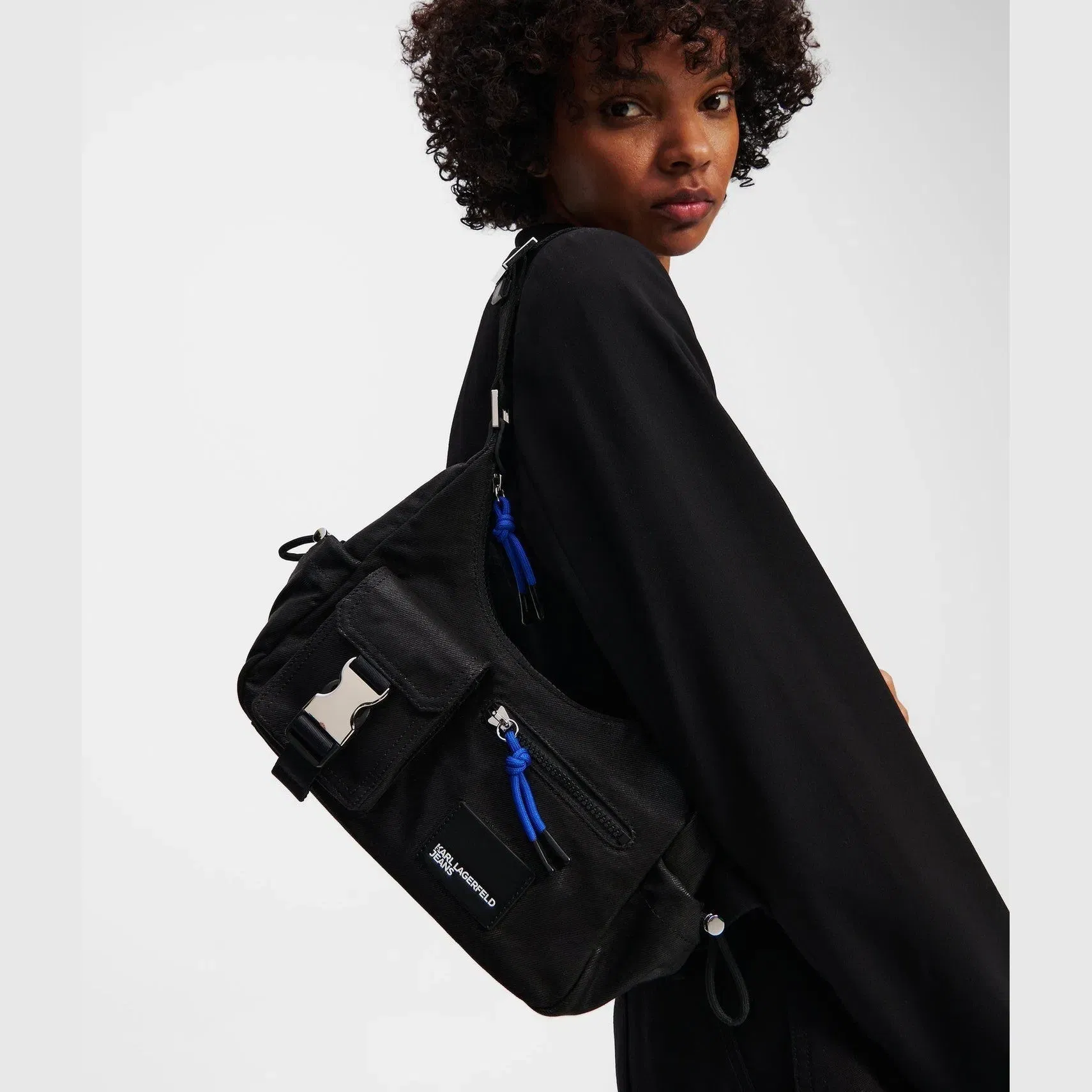 Karl Lagerfeld Utility Coated Denim Shoulder Bag Coated Black Denim