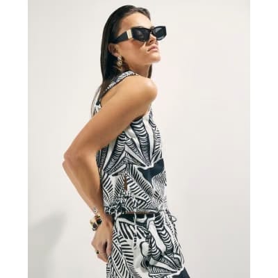 Black Linen Blend Palm Print Tank Top