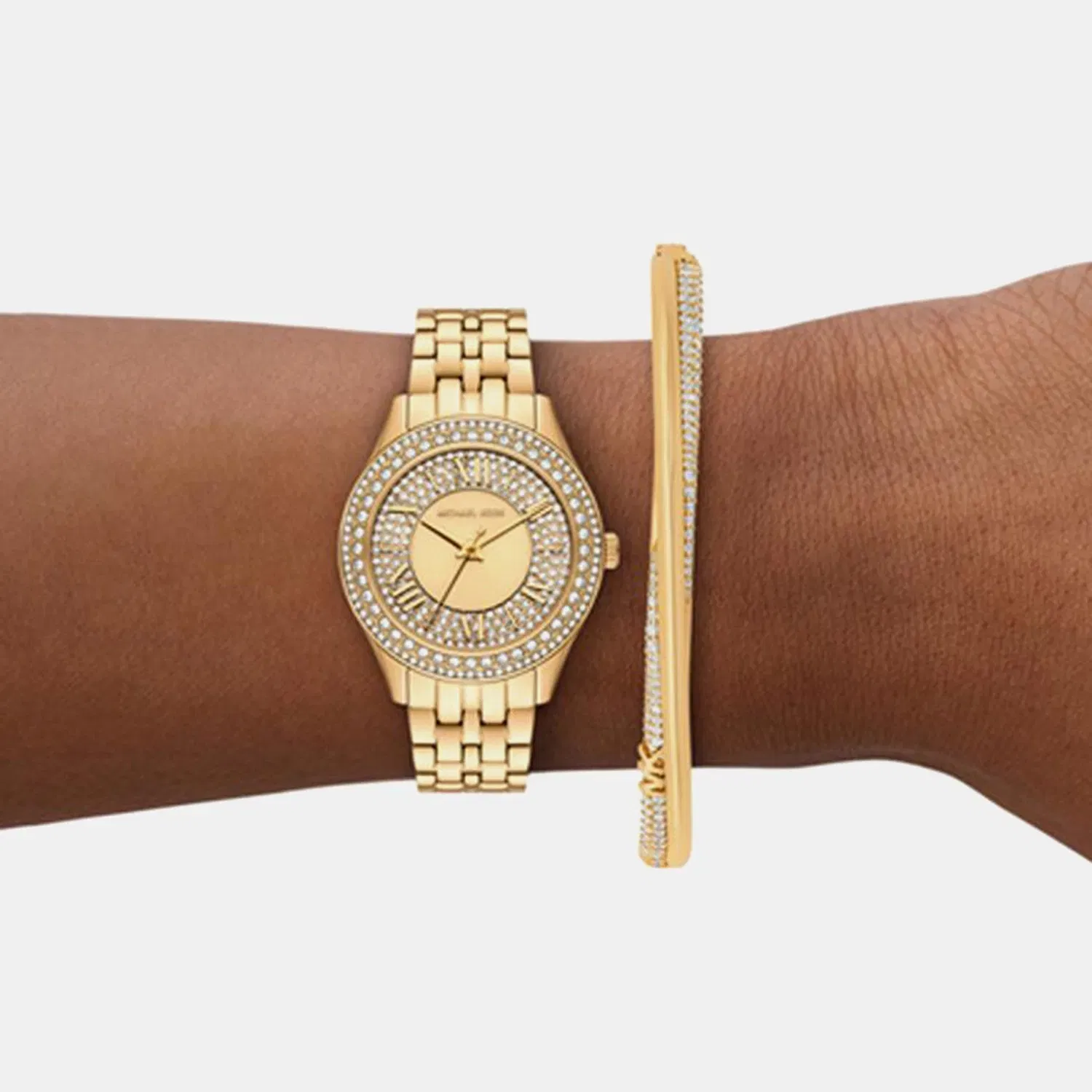Michael Kors Harlowe Women Quartz Gold Dial Analog Stainless Steel Watch Mk4974Set