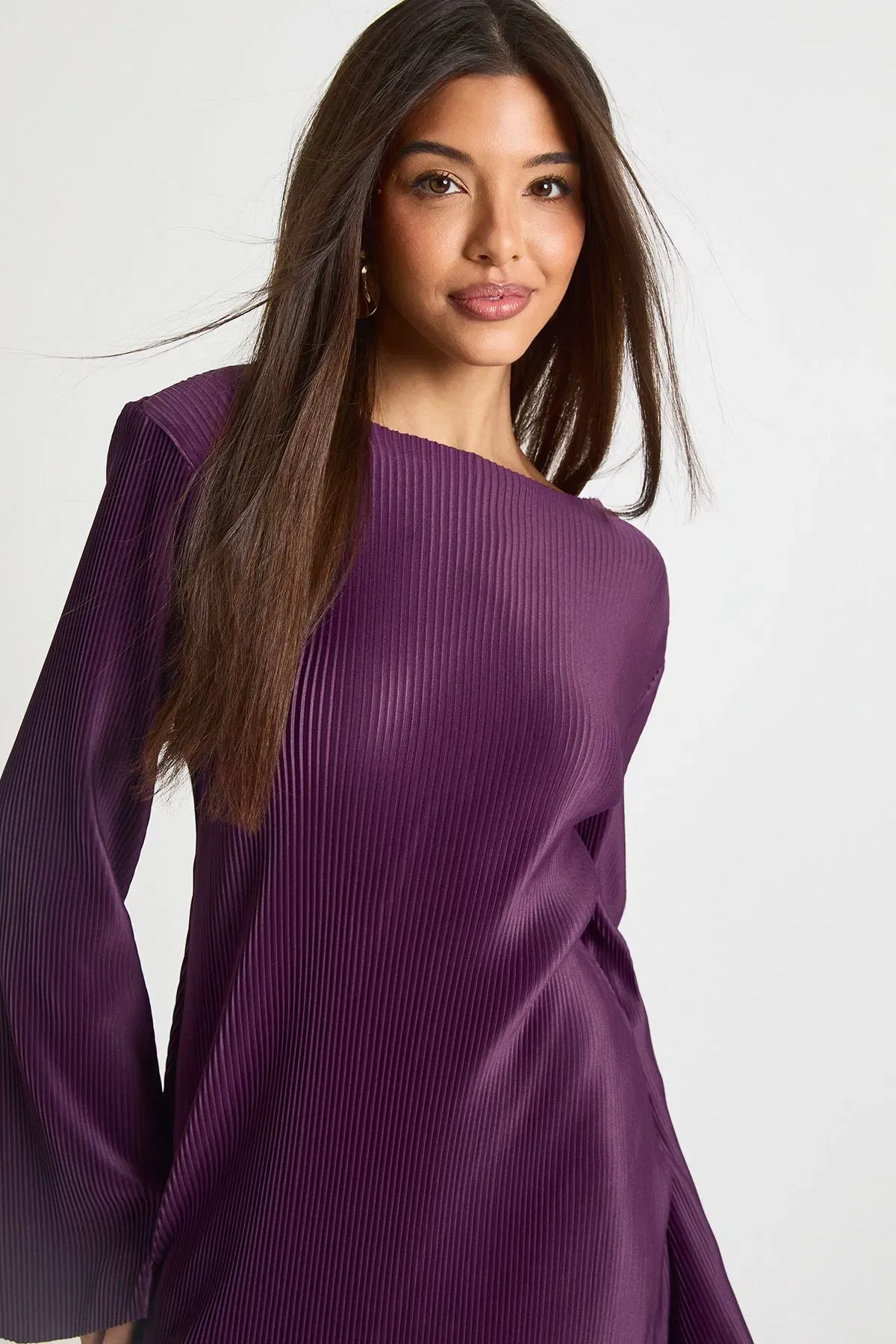 Plisse Flare Sleeve Mini Dress