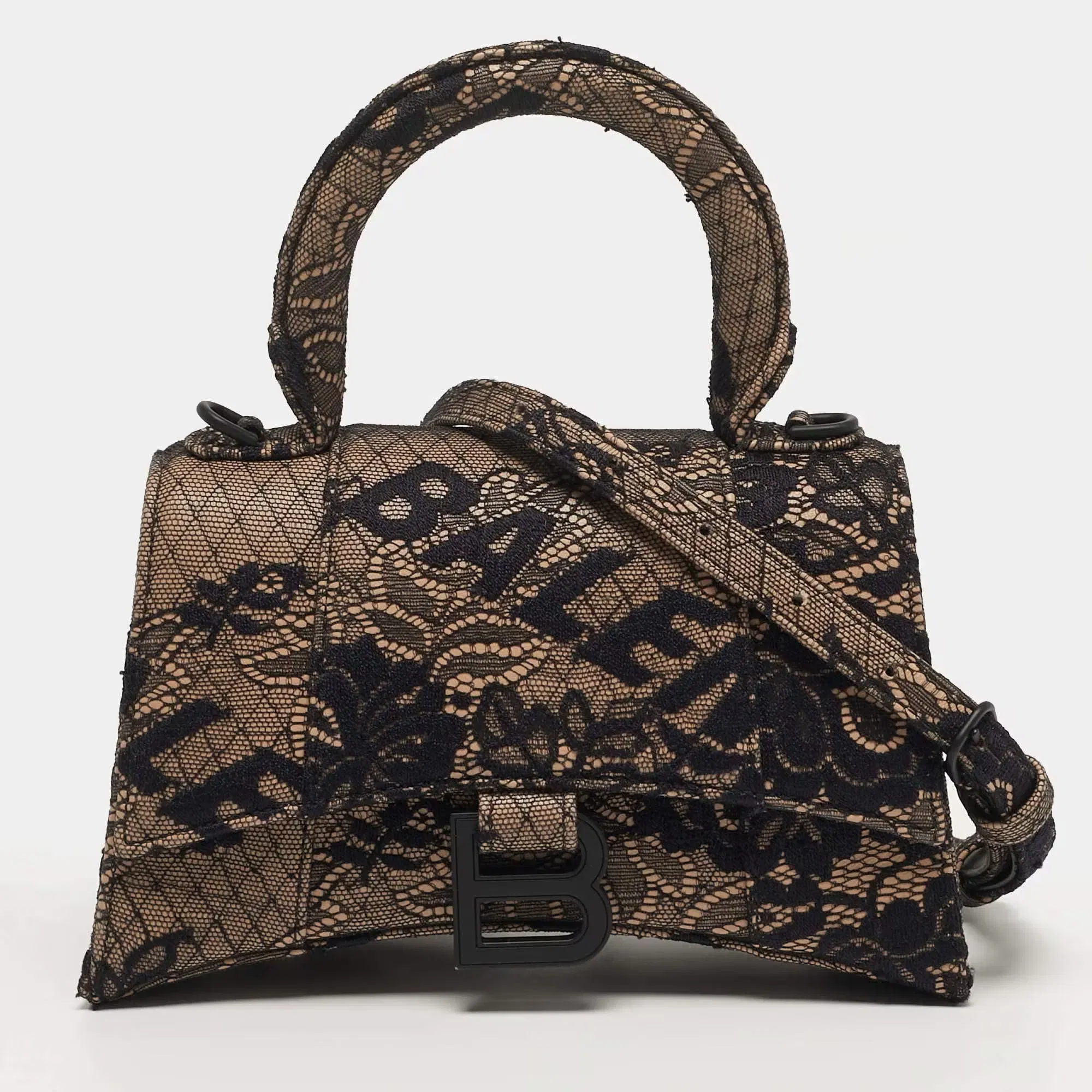 Balenciaga Hourglass XS Black/Nude Lace and Leather Top Handle Bag