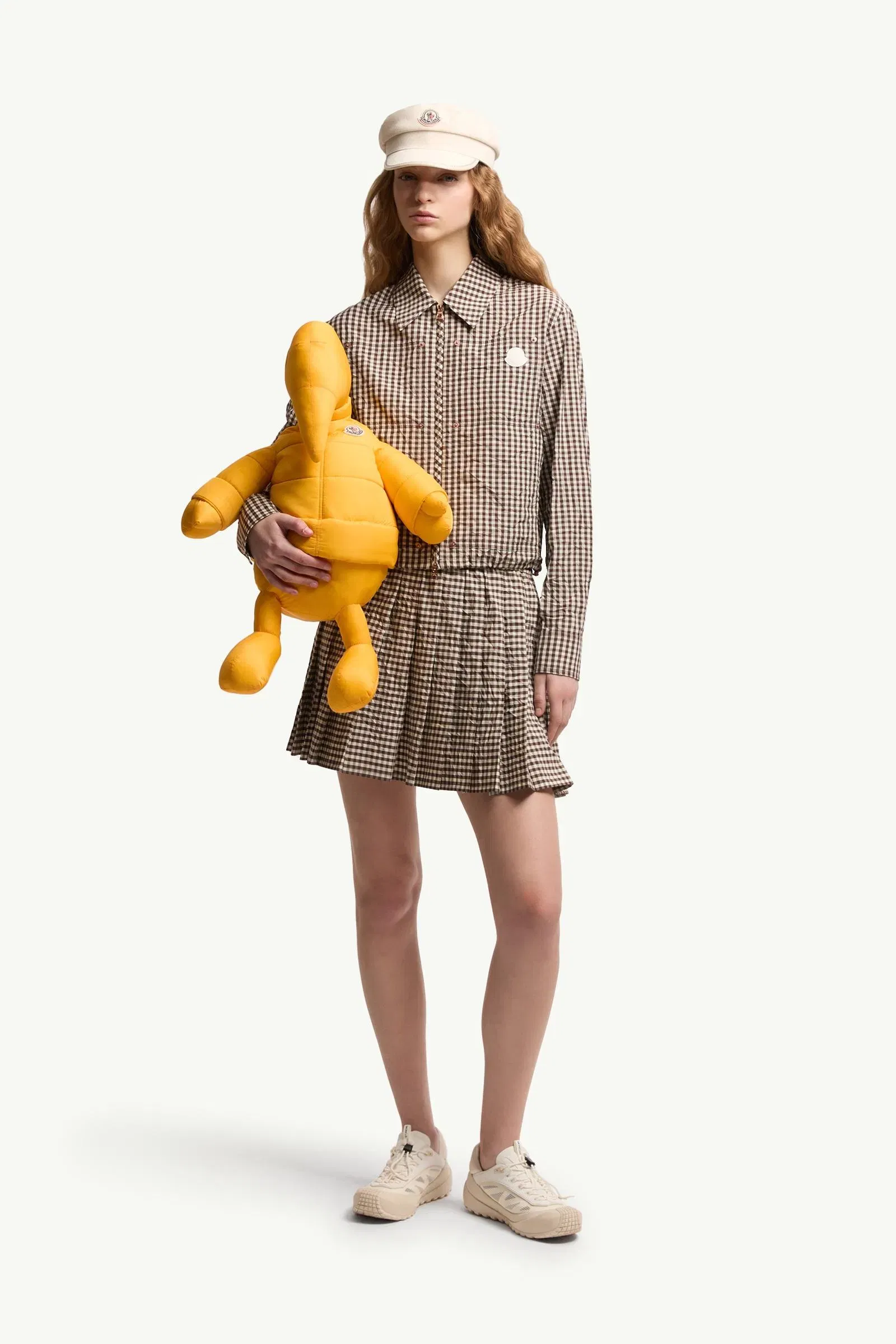 Moncler Vichy Cotton Blend Pleated Mini Skirt White & Brown White & Brown