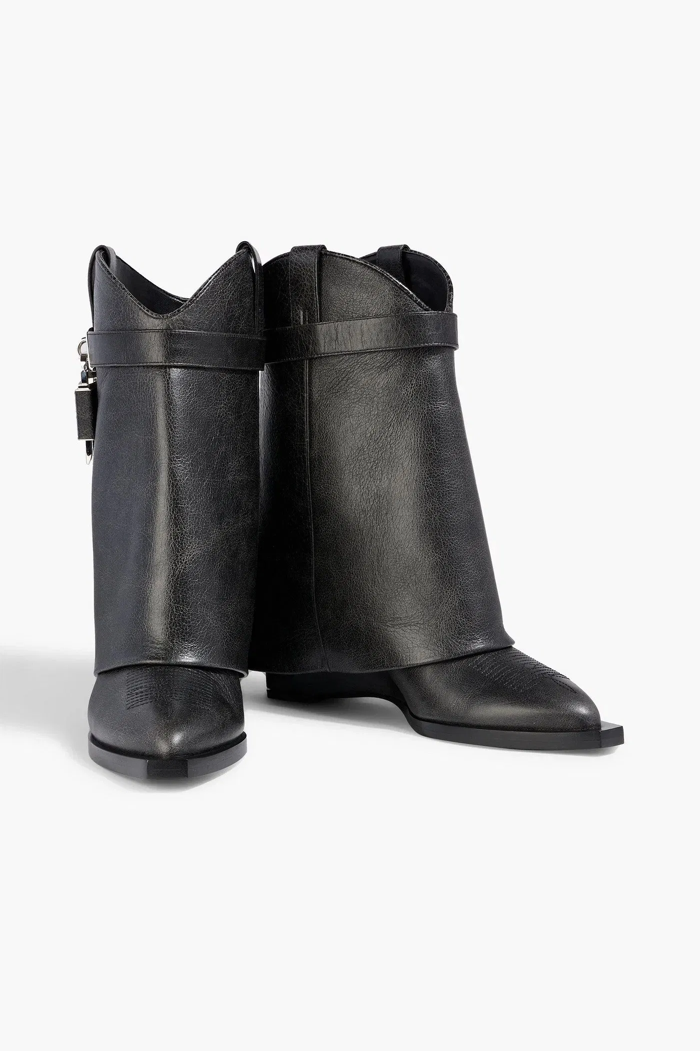 Givenchy Shark Lock Embellished Pebbled-Leather Cowboy Boots Black Women's